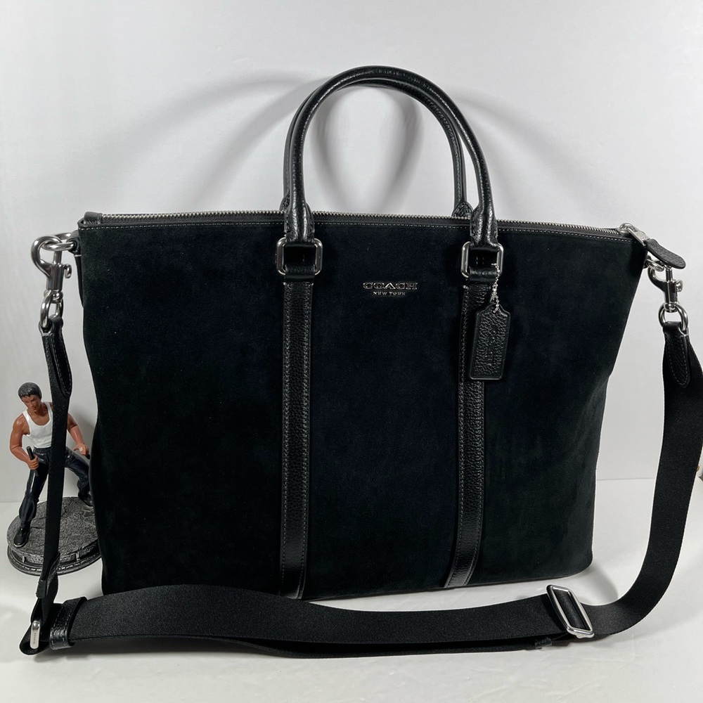 NWT COACH Caleb Work Bag Silver/Black Suede and refined pebble leather $598